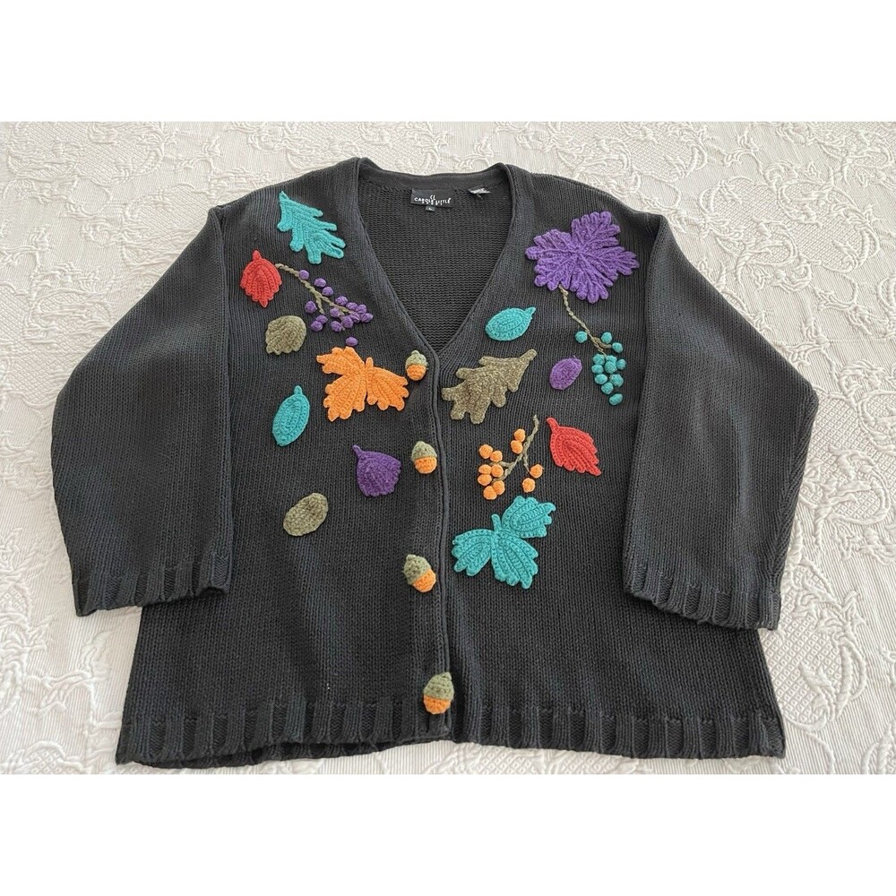 Vtg Carole Little Sport Autumn Leaves Acorns @ Buttonholes Sweater Ladies Large